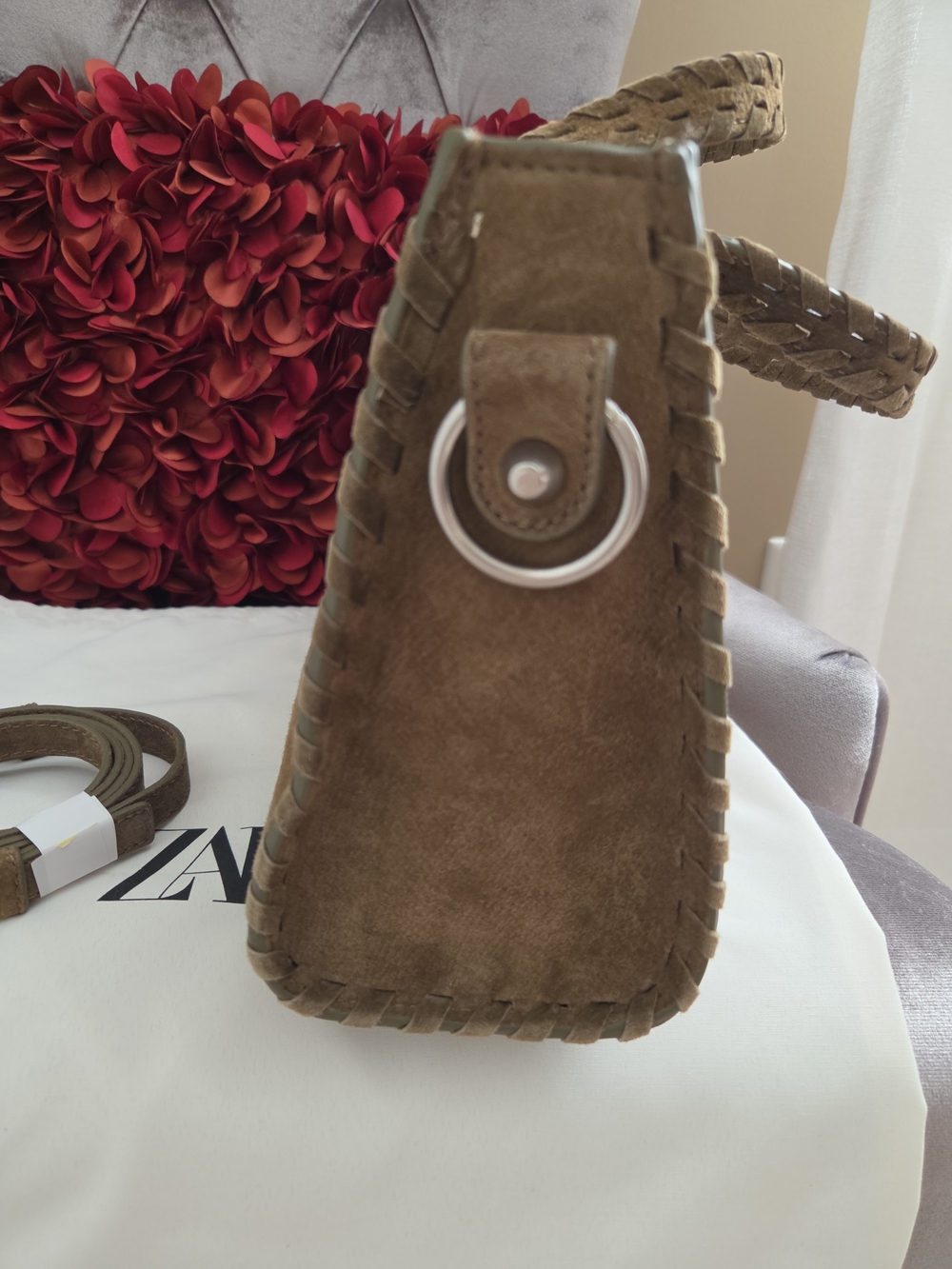 ZARA braided leather city bag Olive Green suede  (new without tags) - Picture 4 of 11
